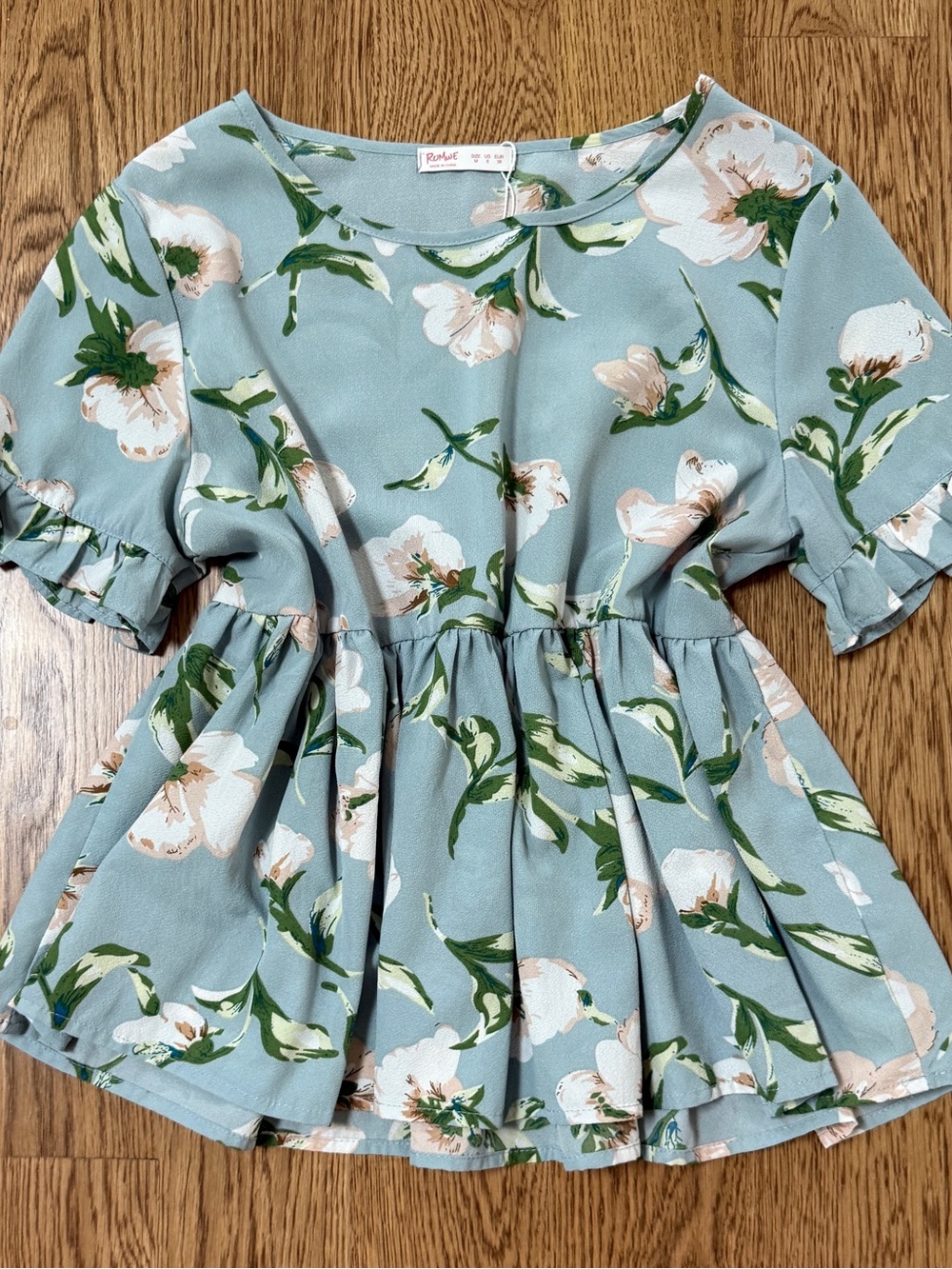 Ruffle-Sleeve Floral Peplum Top - Blue Green